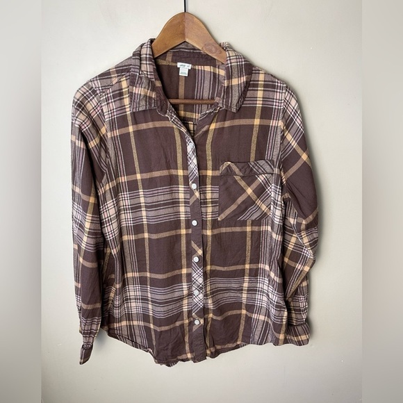 aerie Tops - Aerie neutral brown plaid lightweight oversized relaxed fit flannel small